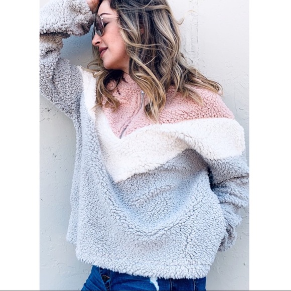 #16 Cozy Vegan Fur Color Block Hoodie Sweater Top - Picture 3 of 4